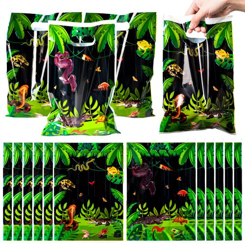 BkeeCten Goodie Party Favor Bags - 50-Pack Reptile Swamp Party Favor Bags Lizard Snake Goody Candy Treat Bags Christmas Winter Xmas New Year Gifts Wrapping Plastic Wildlife Jungle Animal GiftWrap Kids