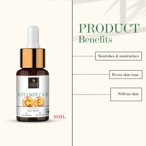 Good Vibes Vitamin C & Vitamin E Age Defying Face Serum | Lightweight Naturally Glowing Serum For All Skin Types | Helps Repair Skin & Wrinkles | No Parabens & Sulphates (10 ml/0.34 Fl Oz)