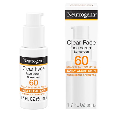 Neutrogena Clear Face Serum Sunscreen with Green Tea, Broad Spectrum SPF 60, Non-Comedogenic Face Sunscreen for Lightweight UVA/UVB Protection, Oxybenzone- & Fragrance-Free, 1.7 fl. oz