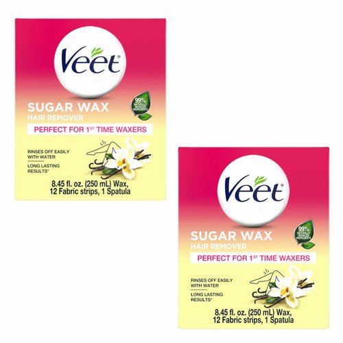 Hair Removal Wax- VEET Sugar Wax, Hair Remover Waxing Kit with Essential Oils and Floral Vanilla Fragrance, 250ml Wax and 12 Fabric Strips with 1 Spatula (Pack of 2)