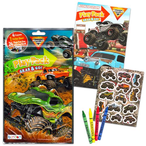 Party Favors Set - Bundle with 12 Monster Jam Monster Truck Play Packs with Coloring Pages, Stickers, Loot Bags, and More (Birthday Party Supplies)
