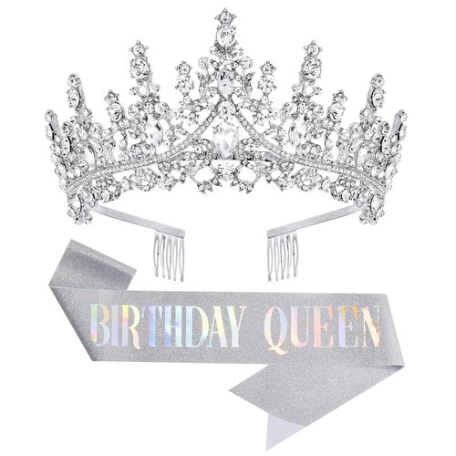 Papoopy Birthday Tiara Crown with Sash for Women, Headband Hair Accessories for Wedding Party Costume Silver