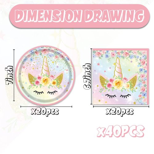 40pcs Unicorn Party Supplies，Unicorn Party Decoration Supplies，Used for Unicorn Party Decoration，Include 20 dinner plates, 20 Napkin (multicolor)