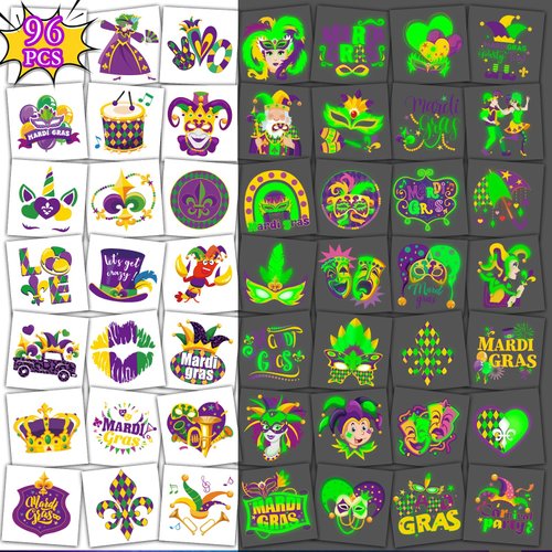 Qpout 96Pcs Luminous Mardi Gras Temporary Tattoos Glow in The Dark New Orleans Party Tattoos Stickers for Kids Adults,Masquerade Celebration New Orleans Mardi Gras Carnival Party Favor Supplies