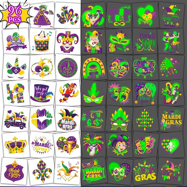 Qpout 96Pcs Luminous Mardi Gras Temporary Tattoos Glow in The Dark New Orleans Party Tattoos Stickers for Kids Adults,Masquerade Celebration New Orleans Mardi Gras Carnival Party Favor Supplies