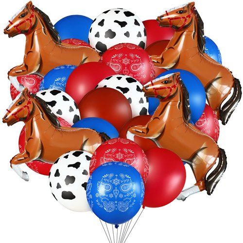 Hungdao 52 Pcs Western Party Horse Balloons Cowboy Decorations Bandana Balloons Cowgirl Foil Latex Balloons for Baby Shower Birthday Arch Decorations(Blue Red Series)