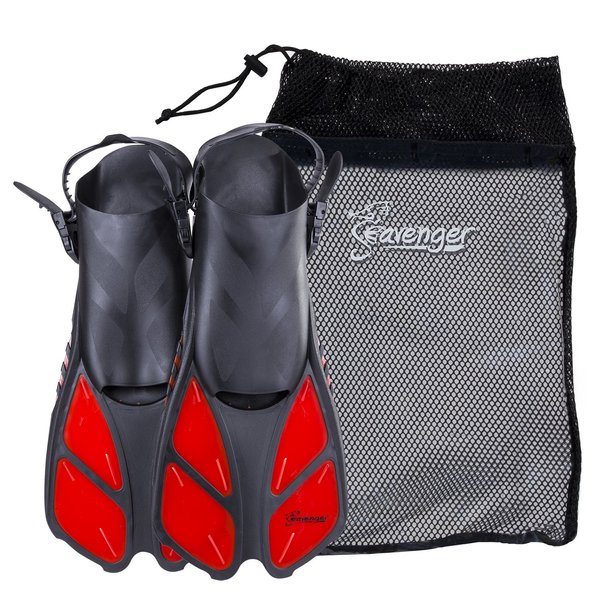 Seavenger Torpedo Swim Fins | Travel Size | Snorkeling Flippers with Mesh Bag for Women, Men and Kids (Red, L/XL)