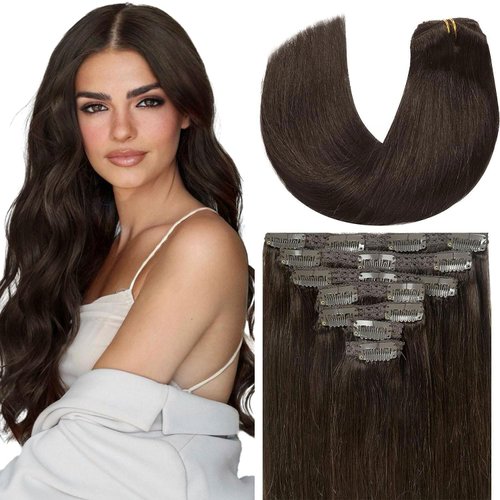Loxxy Clip in Extensions Human Hair Dark Brown Hair Extensions 9A Grade Remy Human Hair Clip in Clip Hair Extensions Double Weft Color #2 18Inch 120g