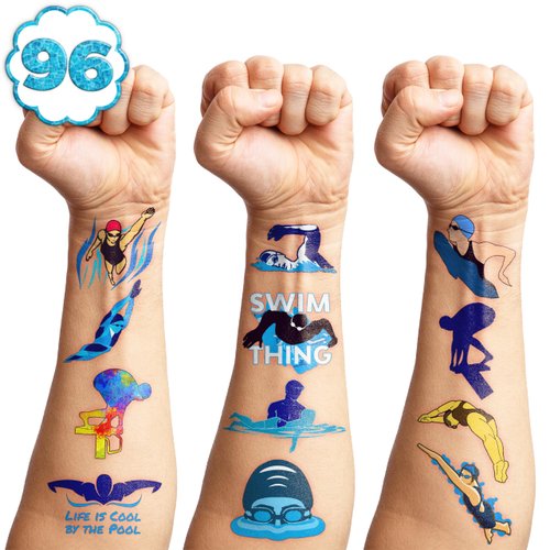 112 PCS Swimming Temporary Tattoos Birthday Party Decorations Supplies Favors Swim Team Pool Waves Summer Beach Themed Decor Stickers For Boys Girls Gift School Prizes Rewards