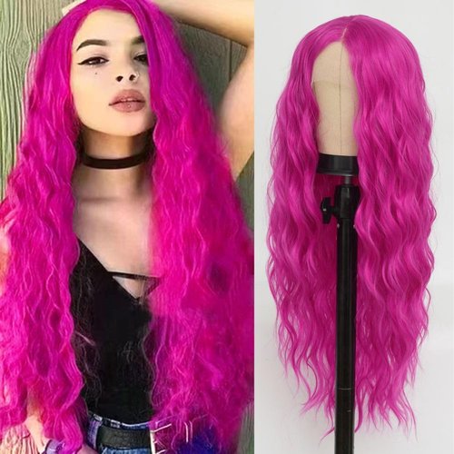 Siudus Hot Pink Lace Front Wigs for Women Long Curly Wavy Wig Middle Part Synthetic Fibre Halloween Cosplay Wig