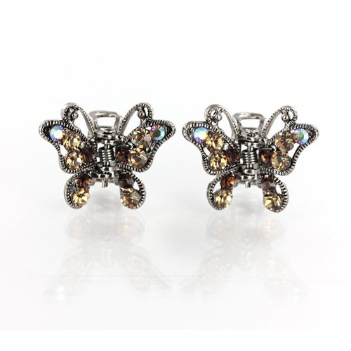 Small Decorative Hair Jaw Clips Vintage Butterfly Rhinestone Crystal Hair Claw Clips, Set of 2, Light Brown