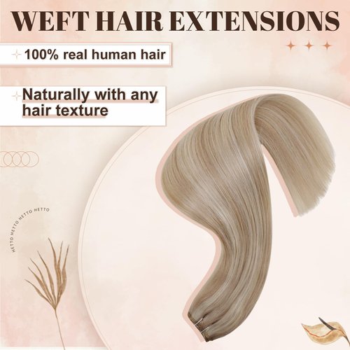 Hetto Blonde Weft Extensions Sew in Human Hair 20 Inch Weft Hair Extensions Real Human Hair Ash Blonde Highlighted Sew in Weft Human Weaving Hair Extensions 100g