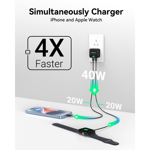 USB C Charger Block 40W, Dual Port Type C Charger Fast Charging Block GaN+ PD Power Adapter with Foldable Plug USB C Wall Charger Cube for iPhone 16/16 Pro/16 Plus/16 Pro Max/15, Samsung