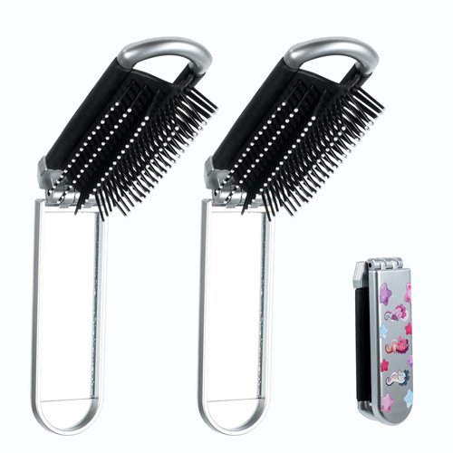 2Pcs Foldable Travel Hair Brush with Mirror,Pocket Hair Brush,Massage Comb Compact Hair Brush,Travel Hair Brush and Mirror,Mini Travel Hairbrush for Women Girls,Seahorses