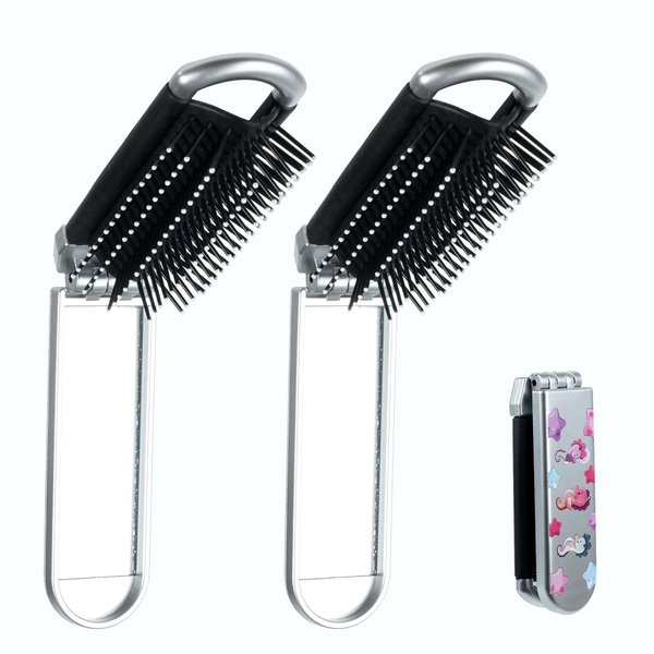 2Pcs Foldable Travel Hair Brush with Mirror,Pocket Hair Brush,Massage Comb Compact Hair Brush,Travel Hair Brush and Mirror,Mini Travel Hairbrush for Women Girls,Seahorses