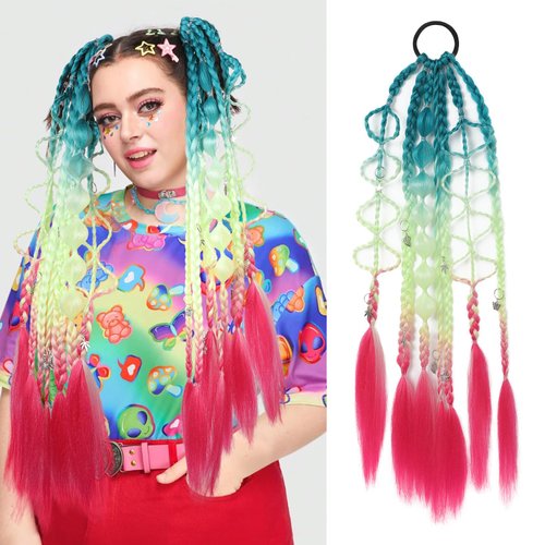 SEIKEA Colored Hair Extensions, Lightweight Colored Hair Extensions for Kids, Ombre Braided Bubble Ponytail Extension with Hair Tie, 24" Crazy Hair Day Accessories for Girls Festival Rave Braids S2