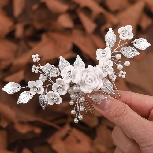 Brishow Flower Bride Wedding Hair Comb Silver Leaf Bridal Hair Piece Crystal Pearl Prom Hair Accessories for Women and Girls
