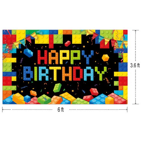 CHXSM 6 X 3.6ft Colorful Building Blocks Happy Birthday Banner Backdrop Party Supplies Decoration Brick Photography Background Kids Decor