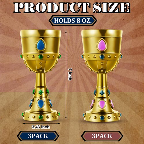 Suclain Medieval Molded Crown Goblets 8 oz Gold Jeweled Goblet Vintage Plastic Goblet King Queen Party Goblets Medieval Party Decorations for Carnival Party Drinking Supplies(6 Pcs)