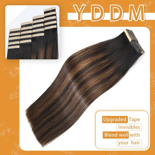 Tape in Hair Extensions Human Hair 18 Inch 20pcs Balayage Natural Black to Chestnut Brown Human Hair Extensions Tape in for Women Skin Seamless Invisible Tape Hair Extensions(1B/1B/6#, 18 Inch)