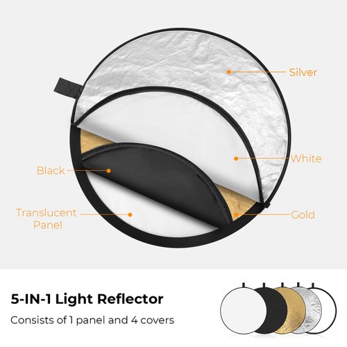 K&F Concept 5-in-1 Light Reflector 22" (56cm) Photography Diffuser Collapsible Portable for Studio and Outdoor Lighting Gold Silver White Black Translucent