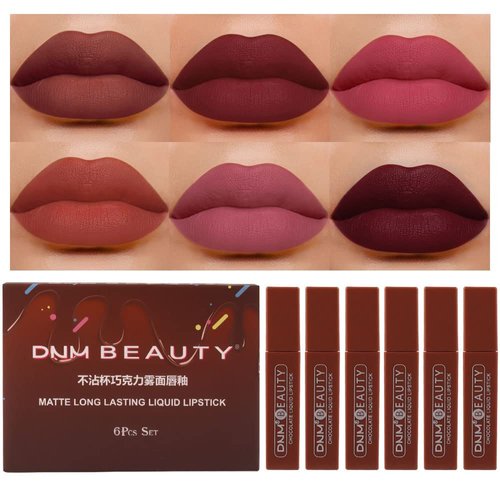 HAOYA 6Pcs Chocolate Matte Liquid Lipstick Lip Gloss Stain Makeup Set for Women, Deep Dark Red 24 Hour Stay on Matte Lipstick Long Lasting labiales matte mate larga duracion 24 horas originales Set03