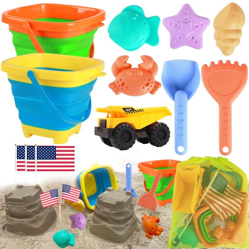 Carlerait Beach Toys Set for Kids, Collapsible Beach Bucket and Shovels Set with Dump Truck, Mesh Beach Toys Bag, Sand Molds, Flags, Sand Toys for Toddlers Kids