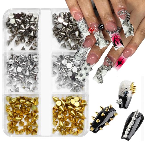 YAEISM 6Grid Metal Rivet Punk Nail Charms 3 Color Cone Metalic Spike Studs Acrylic Spike Studs Gothic Nail Rivets Studs for Nail Art and DIY Crafts Jewelry Decoration