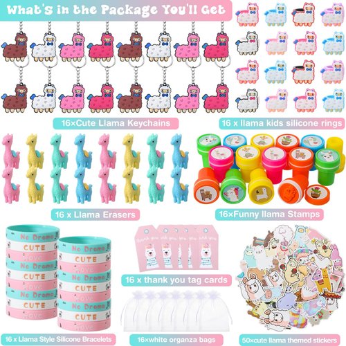 Seajan 162 Pcs Llama Birthday Party Favors for 16 Kids Include Keychain Ring Bracelet Stamp Erasers Sticker Bag Tags for Panda Sloth Butterfly Monkey Theme Birthday Baby Shower Party Decor
