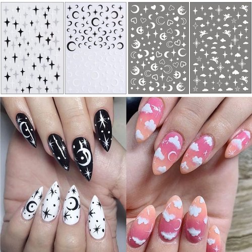 8 Sheets Cloud Moon Nail Stickers, 3D Black White Design Self-Adhesive Nail Art Decals,Flame Starlight Butterflies DIY Manicure Decorations for Women Girls