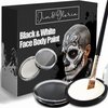 Jim&Gloria Black and White Face Paint + Painting Brush + UV Glow Tattoos, Sweatproof & Water Resistance Paints, Professional Palette Makeup Kit for Halloween SFX Costume Skeleton Clown Joker Mime