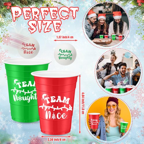 VioraWhite 22 Pcs Christmas Game Supplies Set 16 oz Plastic Cups with 8 Christmas Theme Balls Xmas Party Game Beer Cups for Christmas House Parties Favors Concerts Birthdays BBQ Holidays(Team)