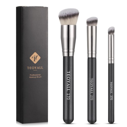 TEOYALL Kabuki Brush Set, 3 Size Angled Foundation Brush Under Eye Concealer Brush Contour Brush with Dense Synthetic Bristle (170/270/370)