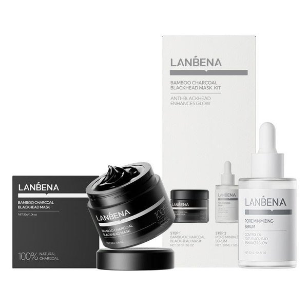LANBENA 3-in-1 Blackhead Removal Set - Bamboo Charcoal Pore Strips (30g), Serum (30ml) & Removal Paper - Mask for Face, Minimizes Pores & Leaves Skin Fresh & Clean, Blackhead Remover