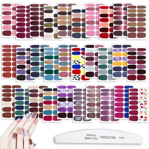 WOKOTO 30 Pcs Solid Color Nail Polish Strips Stickers Self-Adhesive Full Nail Wraps for Nails Art Gradient Design Stick On Nail Polish Stickers Set with Nail File for Women Girls