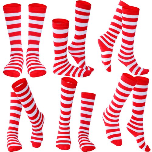 Giegxin 6 Pairs Kids Colorful Stripe Socks Neon Knee High Socks Tube Candy Cane Sock for Girls Costume Party(Red and White Striped)