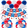 Blue White and Red Birthday Decorations, Patriotic Party Supplies Kit for Men Women Boys Grils, Happy Birthday Banner Paper Pompoms Red Blue Confetti Balloons Star Streamer for 4th of July Baseball