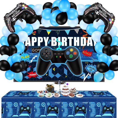 34 Pieces Video Game Party Supplies Set Gamer Brthday Decorations Including Happy Birthday Gaming Backdrop, Game Table Covers, Multi-Color Balloons and Foil Gamer Balloons for Game Party Decoration
