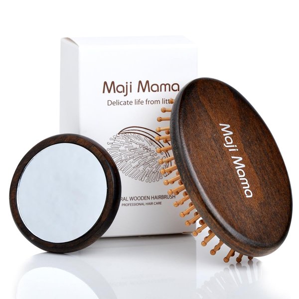 Maji Mama Handmade Oval Wooden Hair Brush Mini Cosmetic Mirror Set,Mini Travel Portable Hairbrush with Bamboo Pins/Boar Bristles (Bamboo Pins)