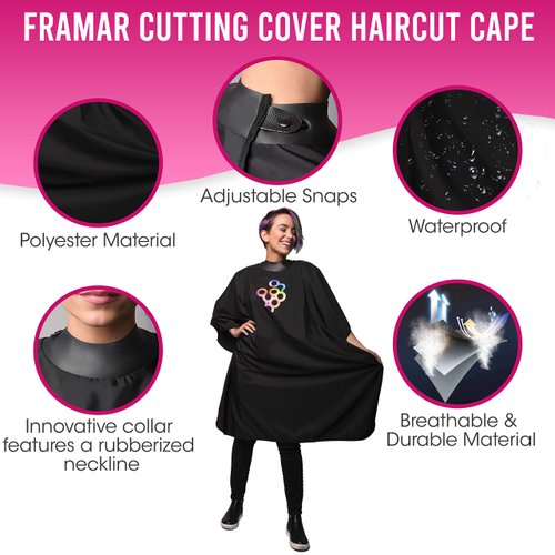 FRAMAR Cutting Cover Barber Cape - Hair Cutting Cape with Snap Closure and Rubberized Collar, Haircut Cape, Salon Cape - Hair Cape for Cosmetology Supplies and Barber Supplies