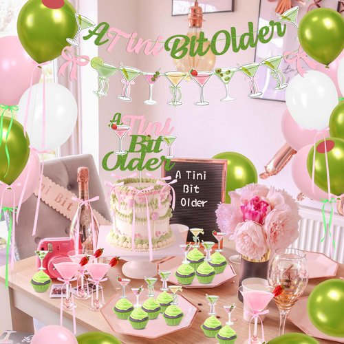 Martini Bow Birthday Party Decorations, Green Pink Glitter A Tini Bit Older Banner Garland Cake Topper Balloons for Girls Women Trendy Martini Bar Birthday Bachelorette Bridal Shower Party Supplies