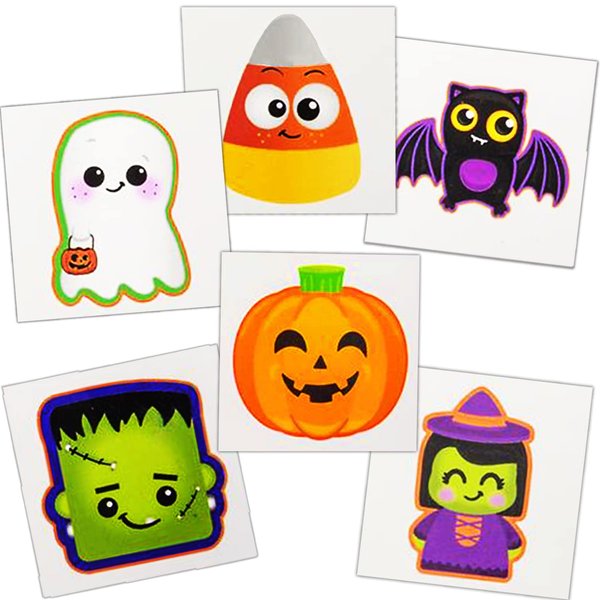 4E's Novelty 144 Pack Halloween Temporary Tattoos for Kids - 2" Individually Wrapped Non-Toxic Tattoos Bulk in 6 Designs, Best for Halloween Party Favors Goodie Bag Filler Trick or Treat Prizes