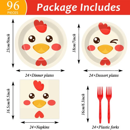 gisgfim 96 Pcs Chicken Birthday Party Supplies Paper Plates Napkins Chicken Themed Party Birthday Decorations Favors for Kids Serves 24