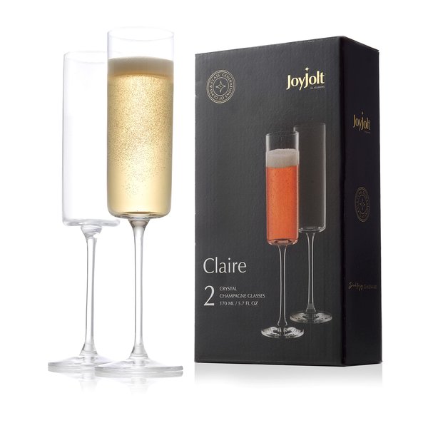 JoyJolt Champagne Flutes – Claire Collection Crystal Champagne Glasses Set of 2 – 5.7 Ounce Capacity – Exquisite Craftsmanship – Ideal for Home Bar, Special Occasions – Made in Europe