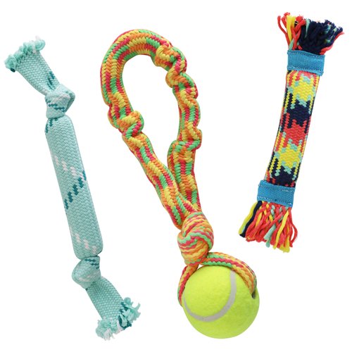 rocket & rex 3-Pack Dog Toy Set, Dog Rope Toys | Small to Medium Breeds | Stretchy Dog Toy Tug Rope, Tug of War Toy, Rubber and Crackle for Extra Chewing Fun | Dog Stocking Stuffer