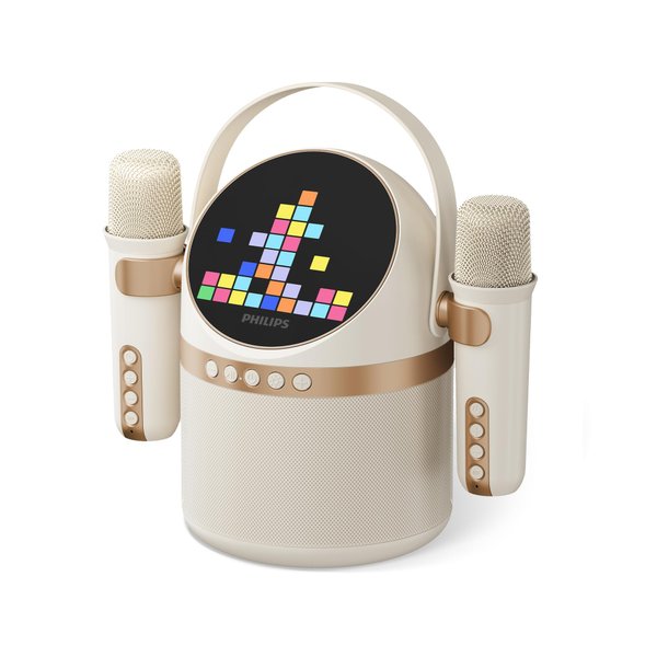 PHILIPS S2508 Portable Karaoke Machine,Party Bluetooth Speaker with 2 Karaoke Microphones,7 H Battery,Multi-Colored Light Modes with Display Screen,6 Vocal Effects,USB,AUX or TF Card Input,Mini,White