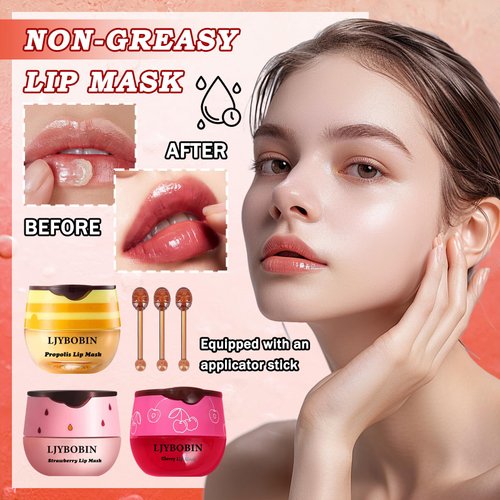 3PCS Bee Lip Balm Honey Pot with Brush,Day and Night Hydrating Sleeping Lip Mask,Honey & Strawberry & Cherries Gentle Tinted Lip Balm,Non-Greasy Lip Scrubs Exfoliator Moisturizer
