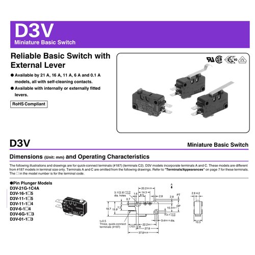 Snap Micro Switch D3V-16G-1C25 D3V-16G-3C25 Microwave Oven Normally Open for Frigidaire 5304440026 Microwave (Pack of 2)
