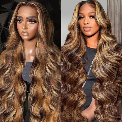 26 Inch Honey Blonde Ombre Lace Front Wig Human Hair Highlight Body Wave 13X4 Lace Front Wigs Human Hair Pre Plucked HD Frontal 180 Density Glueless 4/30 Highlighted Human Hair Wig