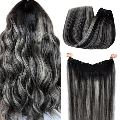 Halos Hair Extensions Natural Black Highlights Grey Fish Line Hair Extensions Human Hair Ombre Colored 1BGrey Highlight Invisible Wire Extensions Human Hair for Women 18Inch 80G